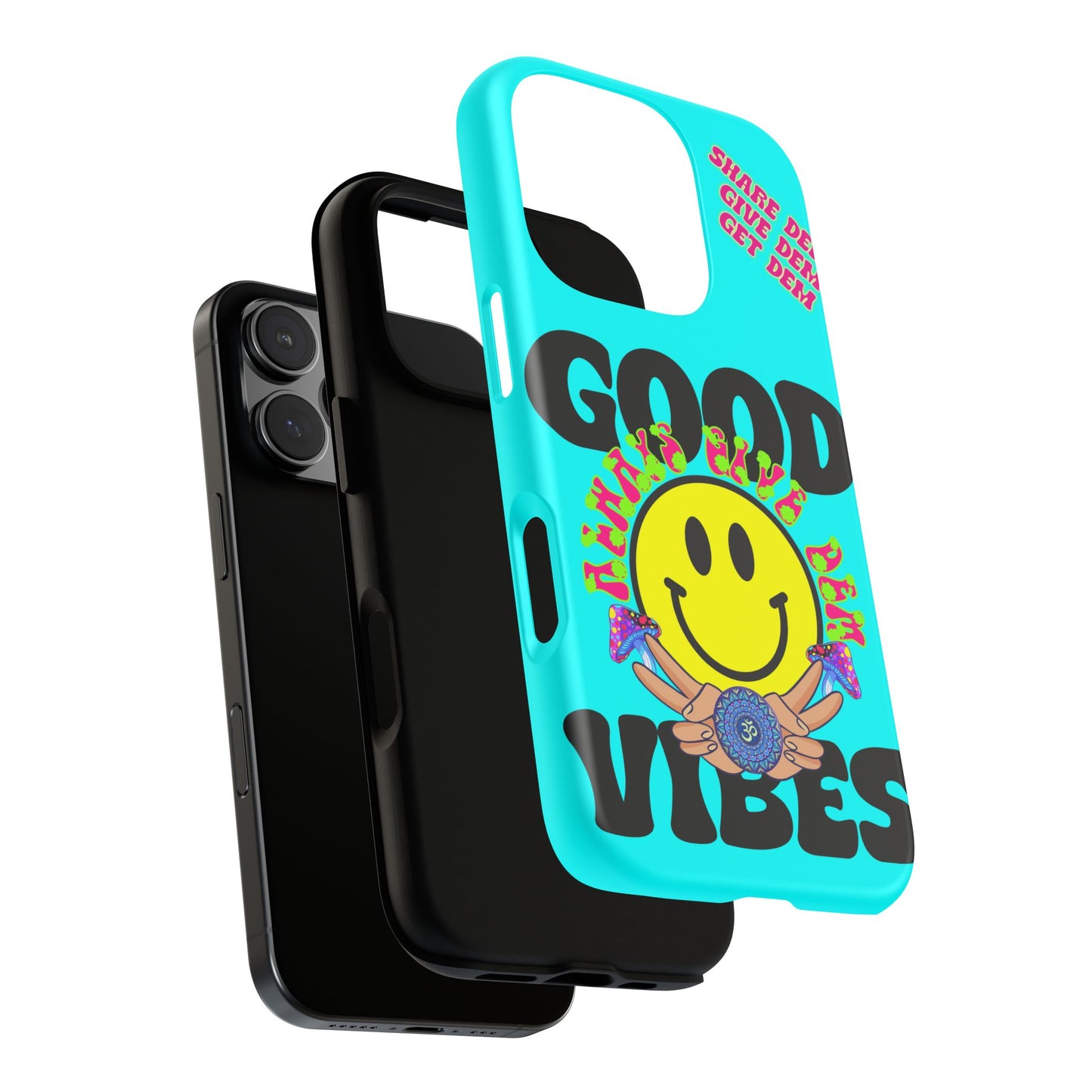 Good Vibes iPhone Case – Neon Tiffany Blue with Smiley Face Design – Spiritual Crypto Merch