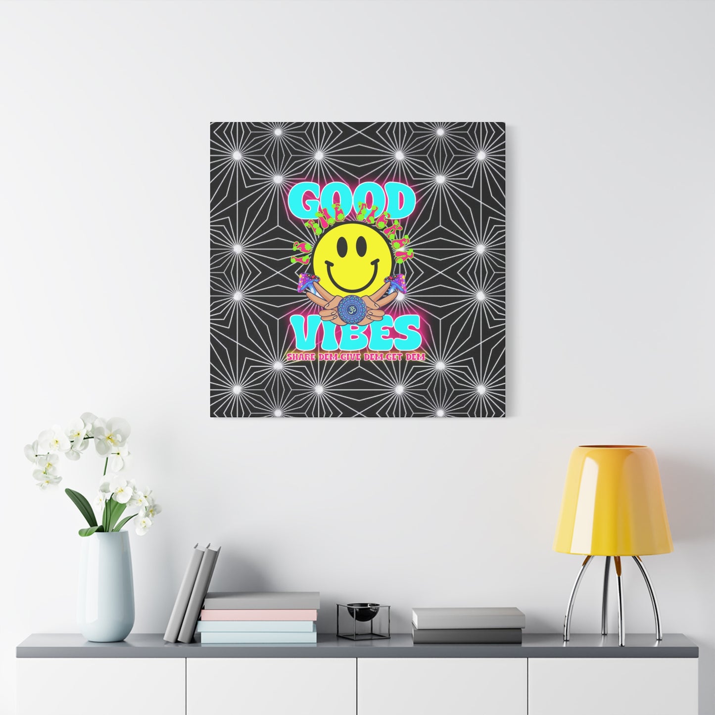 Positive Energy Canvas Print – Trippy Psychedelic Art with "Good Vibes" & Smiley Faces | Optical Illusion Wall Art | Available in Multiple Sizes