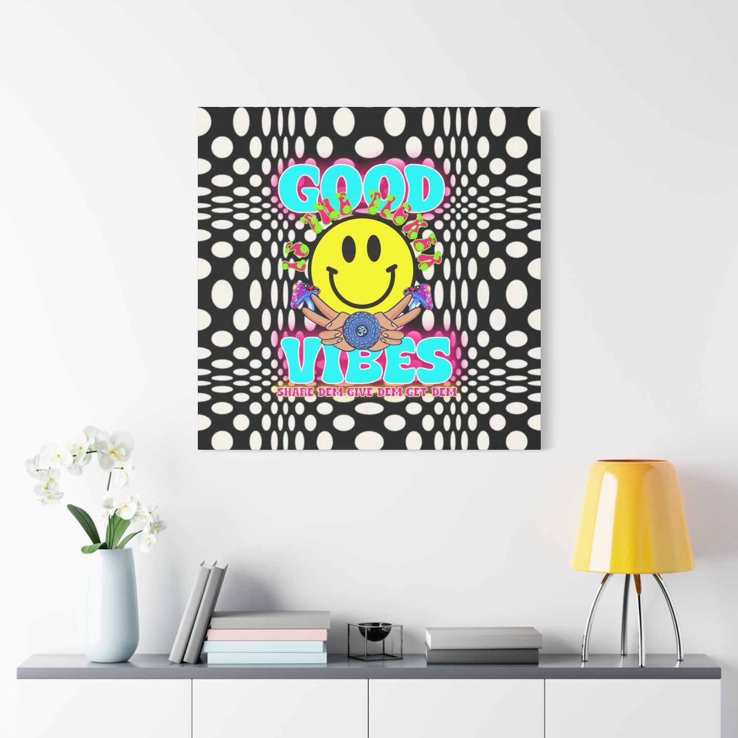 Psychedelic Wall Art with Good Vibes – Trippy Canvas Print Featuring "Good Vibes" & Smiley Faces | Optical Illusion Design | Available in Multiple Sizes