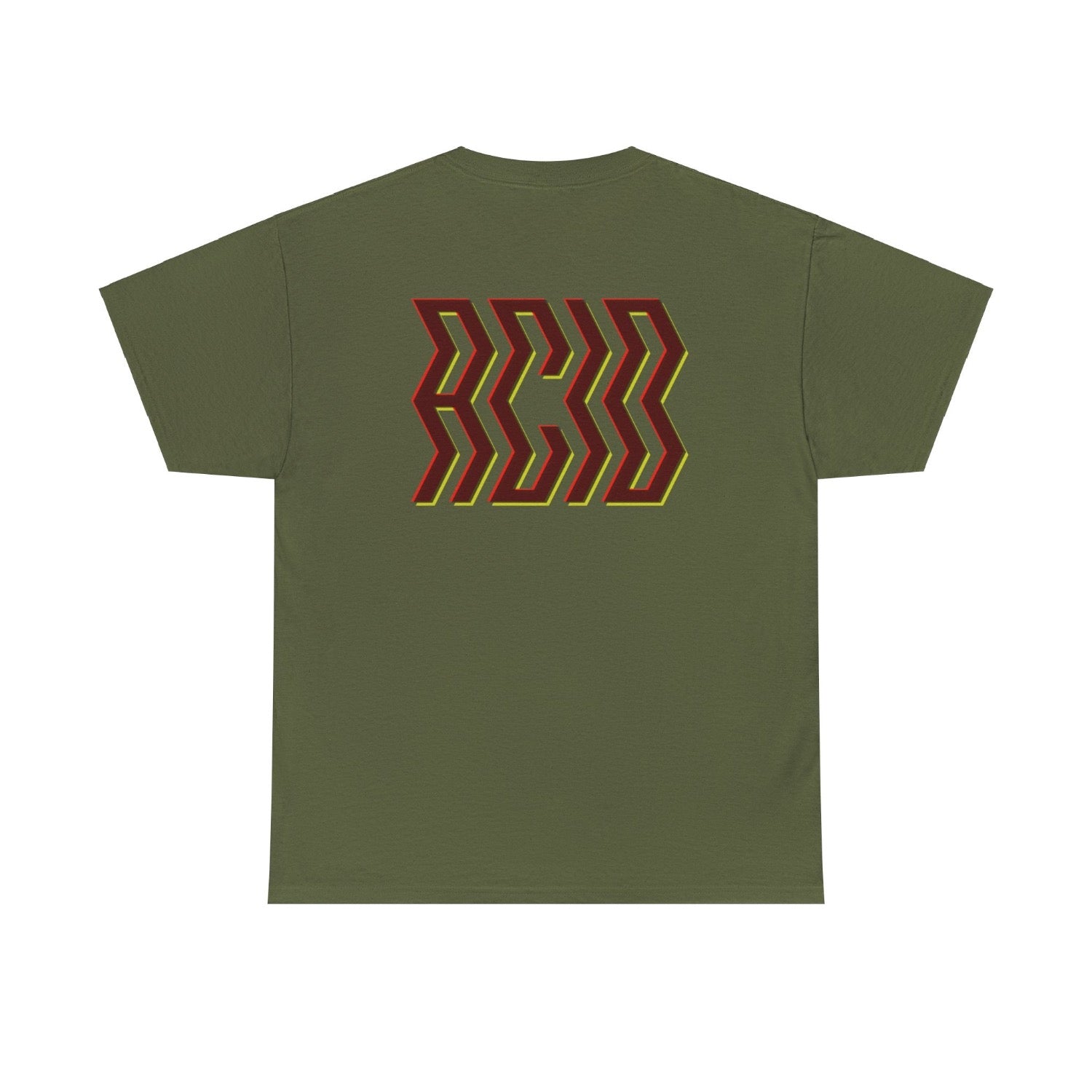 military green rave t shirt. Army colour with large trippy back print, ACID text