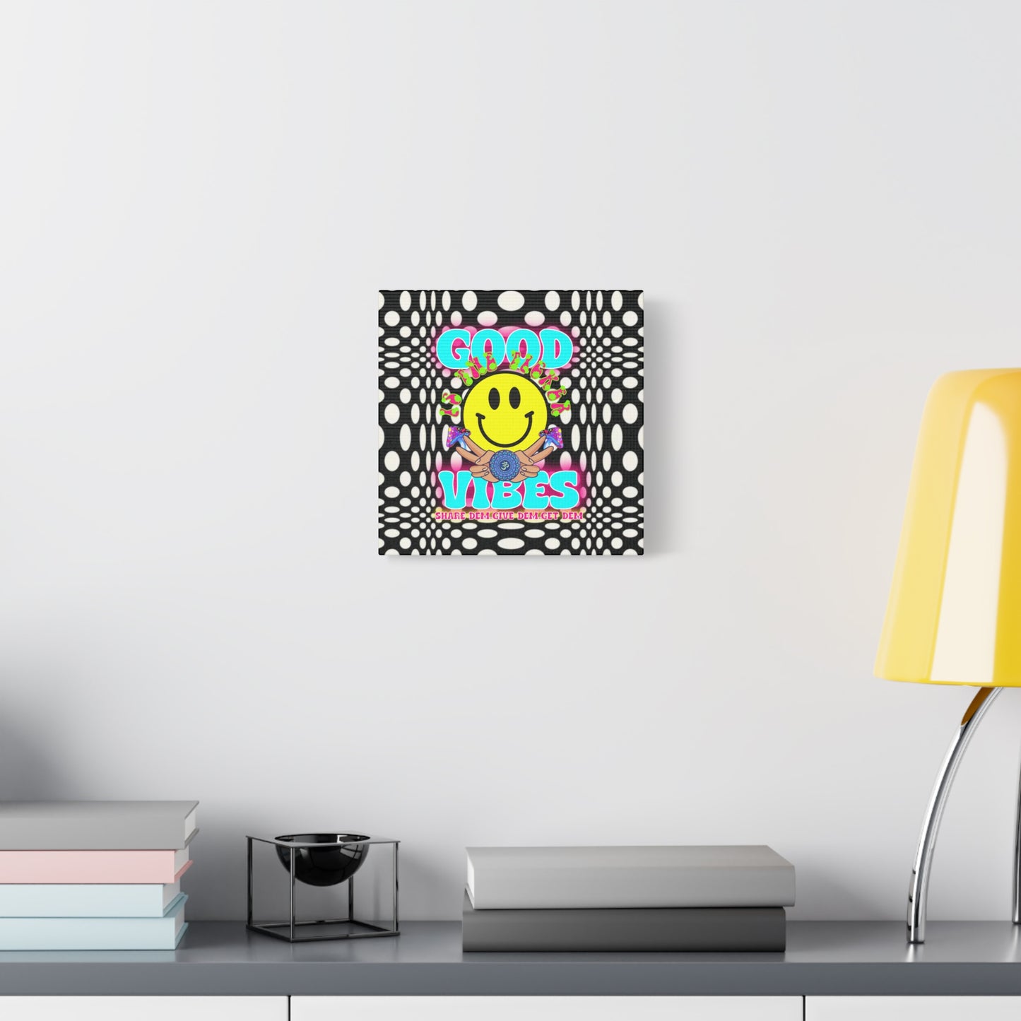 Psychedelic Wall Art with Good Vibes – Trippy Canvas Print Featuring "Good Vibes" & Smiley Faces | Optical Illusion Design | Available in Multiple Sizes