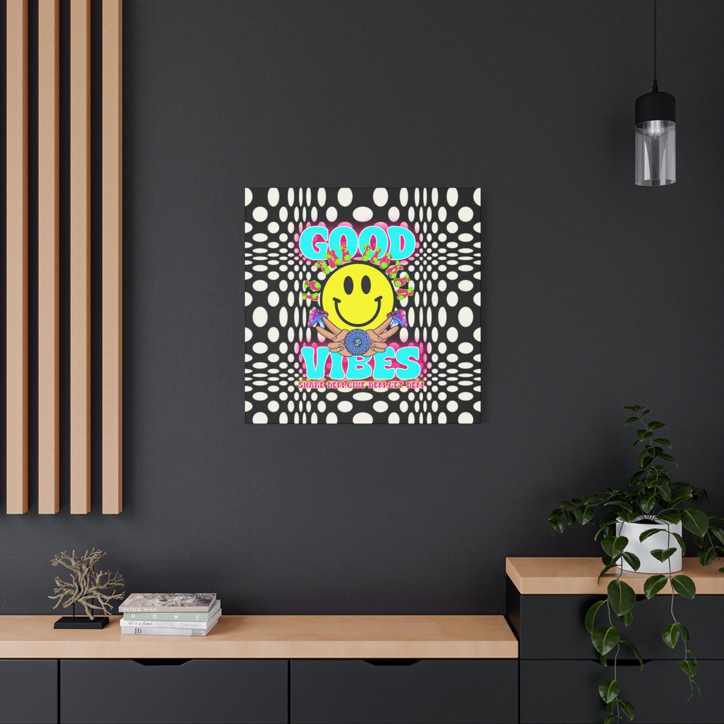 Psychedelic Wall Art with Good Vibes – Trippy Canvas Print Featuring "Good Vibes" & Smiley Faces | Optical Illusion Design | Available in Multiple Sizes