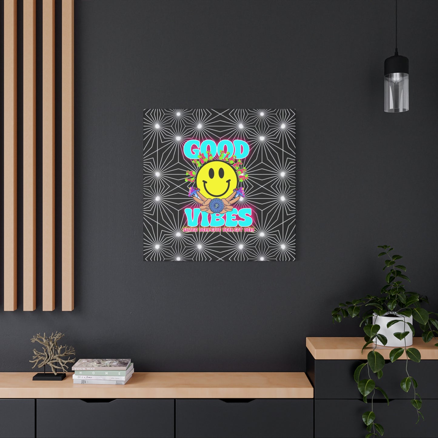 Positive Energy Canvas Print – Trippy Psychedelic Art with "Good Vibes" & Smiley Faces | Optical Illusion Wall Art | Available in Multiple Sizes