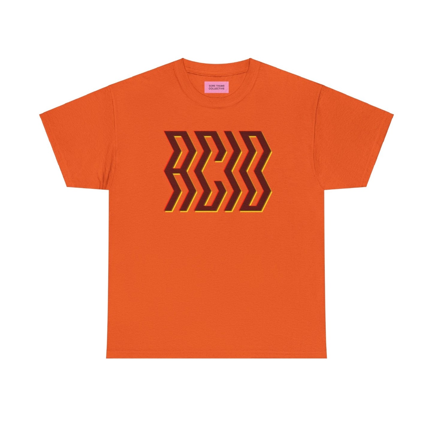 bright orange acid house t shirt, with trippy print on front, ACID in bold text