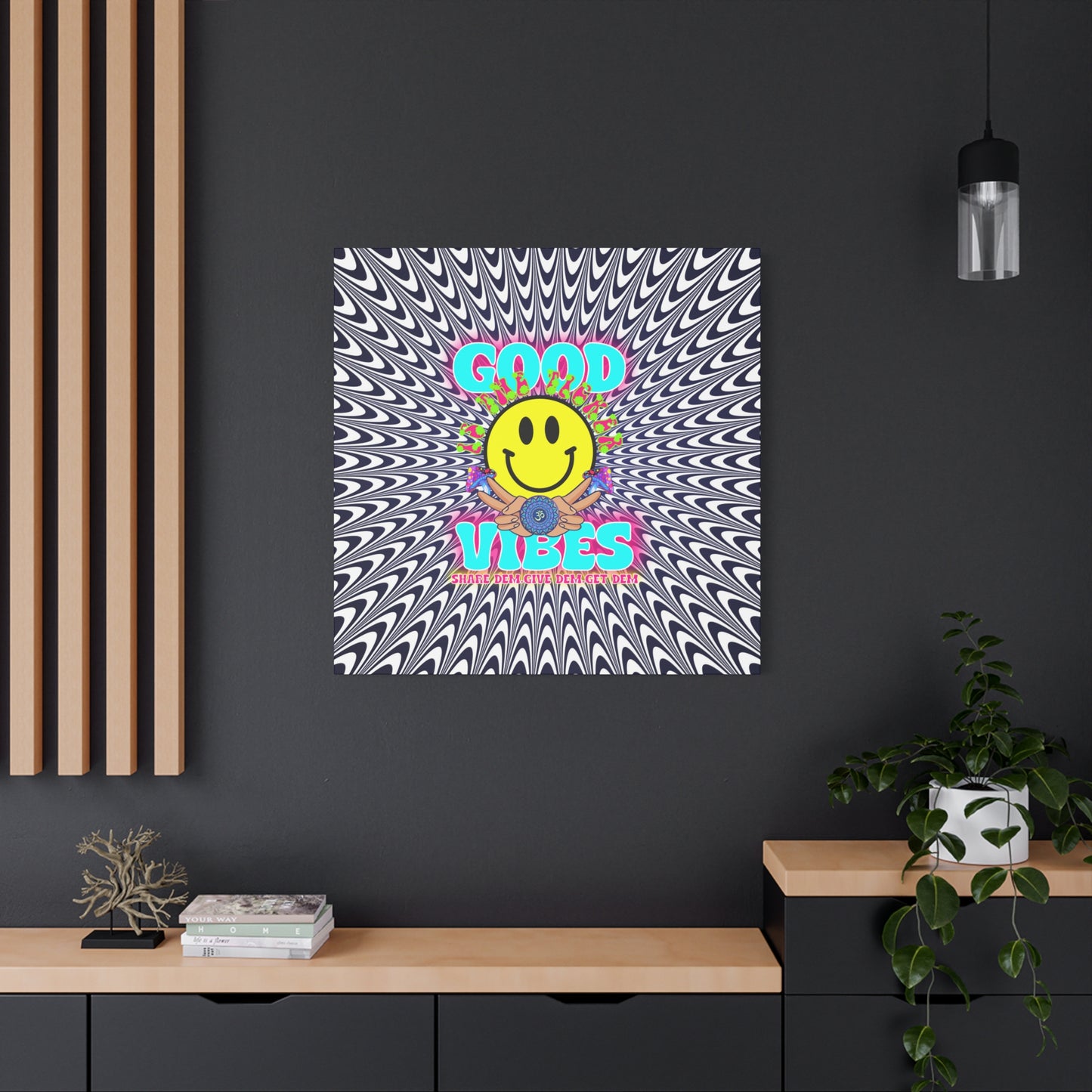 Positive Thinking Wall Art Decor – Psychedelic Canvas Print with "Good Vibes" & Smiley Faces | Optical Illusion Art | Available in Multiple Sizes