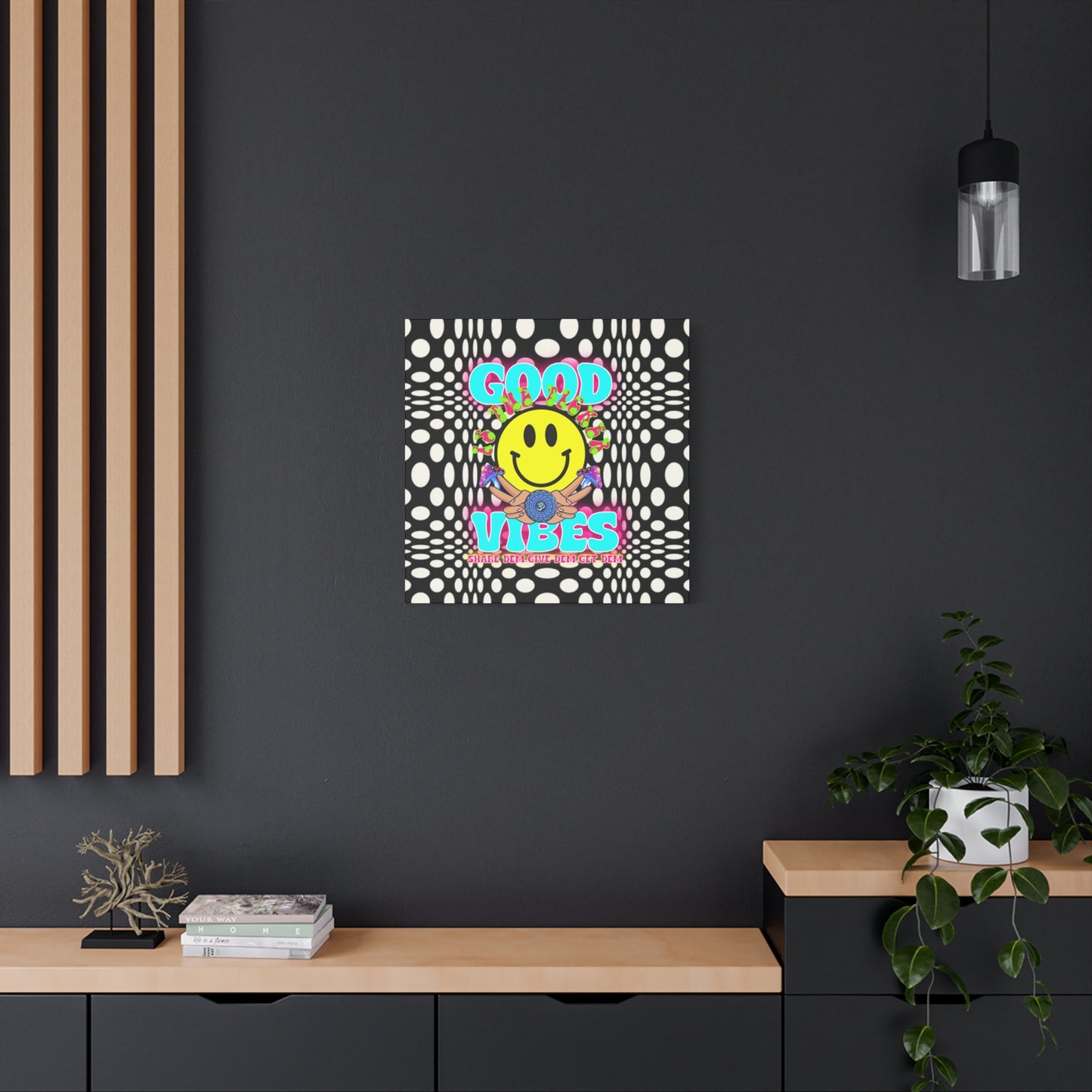 Psychedelic Wall Art with Good Vibes – Trippy Canvas Print Featuring "Good Vibes" & Smiley Faces | Optical Illusion Design | Available in Multiple Sizes