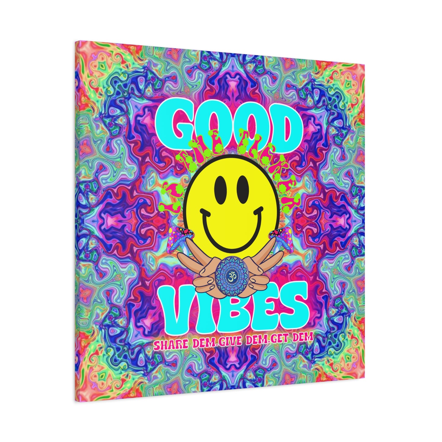 Mandala Good Vibes Wall Art – Psychedelic Canvas Print with "Good Vibes" Text & Smiley Faces | Available in Multiple Sizes | Spiritual & Positive Energy Art