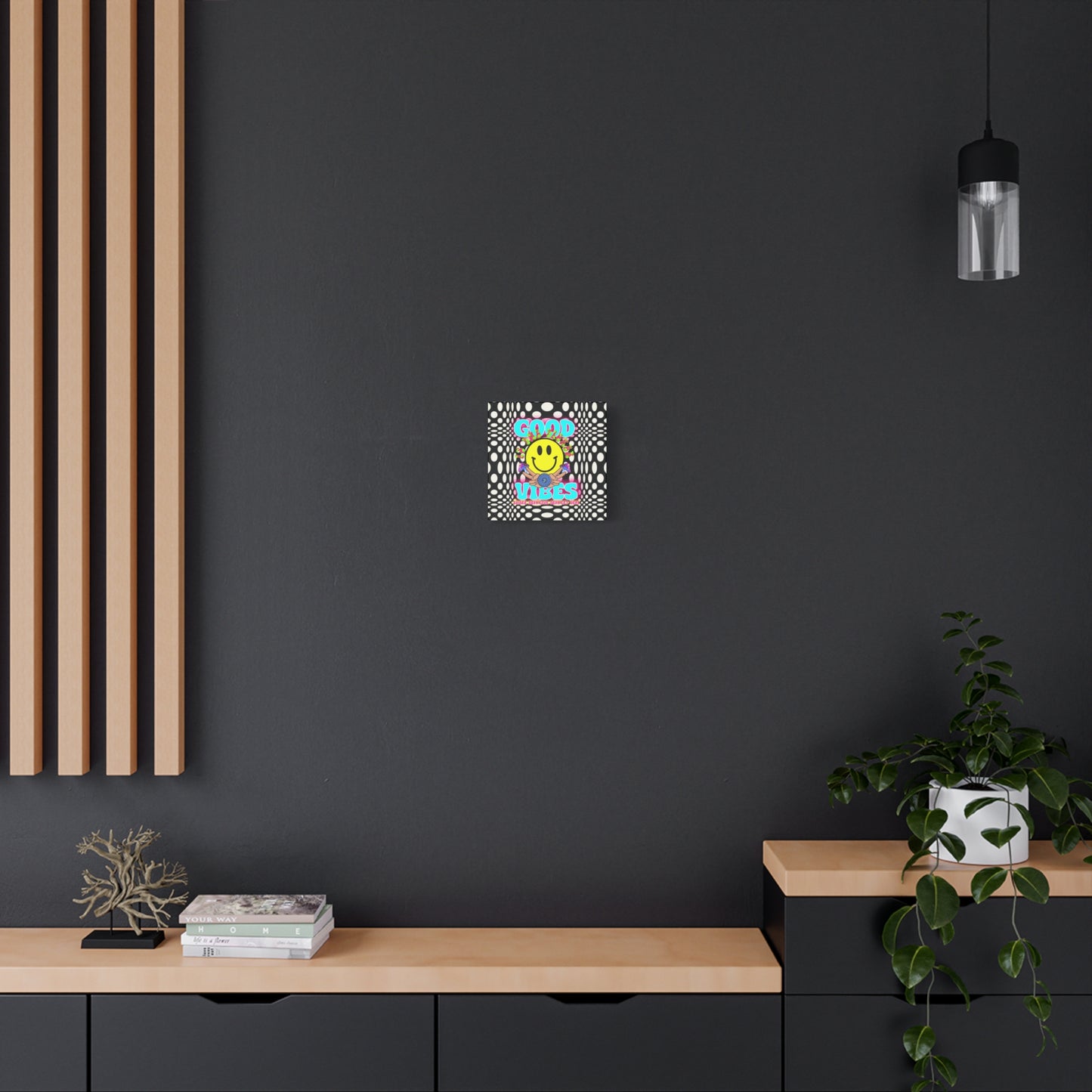 Psychedelic Wall Art with Good Vibes – Trippy Canvas Print Featuring "Good Vibes" & Smiley Faces | Optical Illusion Design | Available in Multiple Sizes