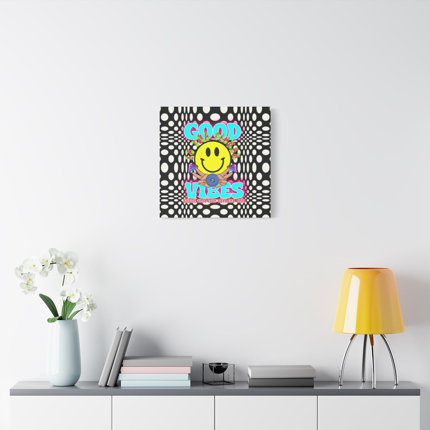 Psychedelic Wall Art with Good Vibes – Trippy Canvas Print Featuring "Good Vibes" & Smiley Faces | Optical Illusion Design | Available in Multiple Sizes