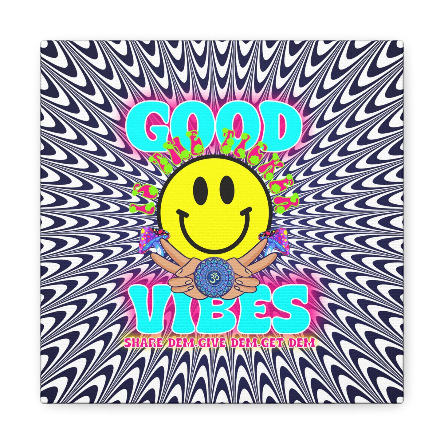 Positive Thinking Wall Art Decor – Psychedelic Canvas Print with "Good Vibes" & Smiley Faces | Optical Illusion Art | Available in Multiple Sizes