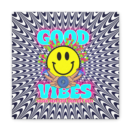 Positive Thinking Wall Art Decor – Psychedelic Canvas Print with "Good Vibes" & Smiley Faces | Optical Illusion Art | Available in Multiple Sizes