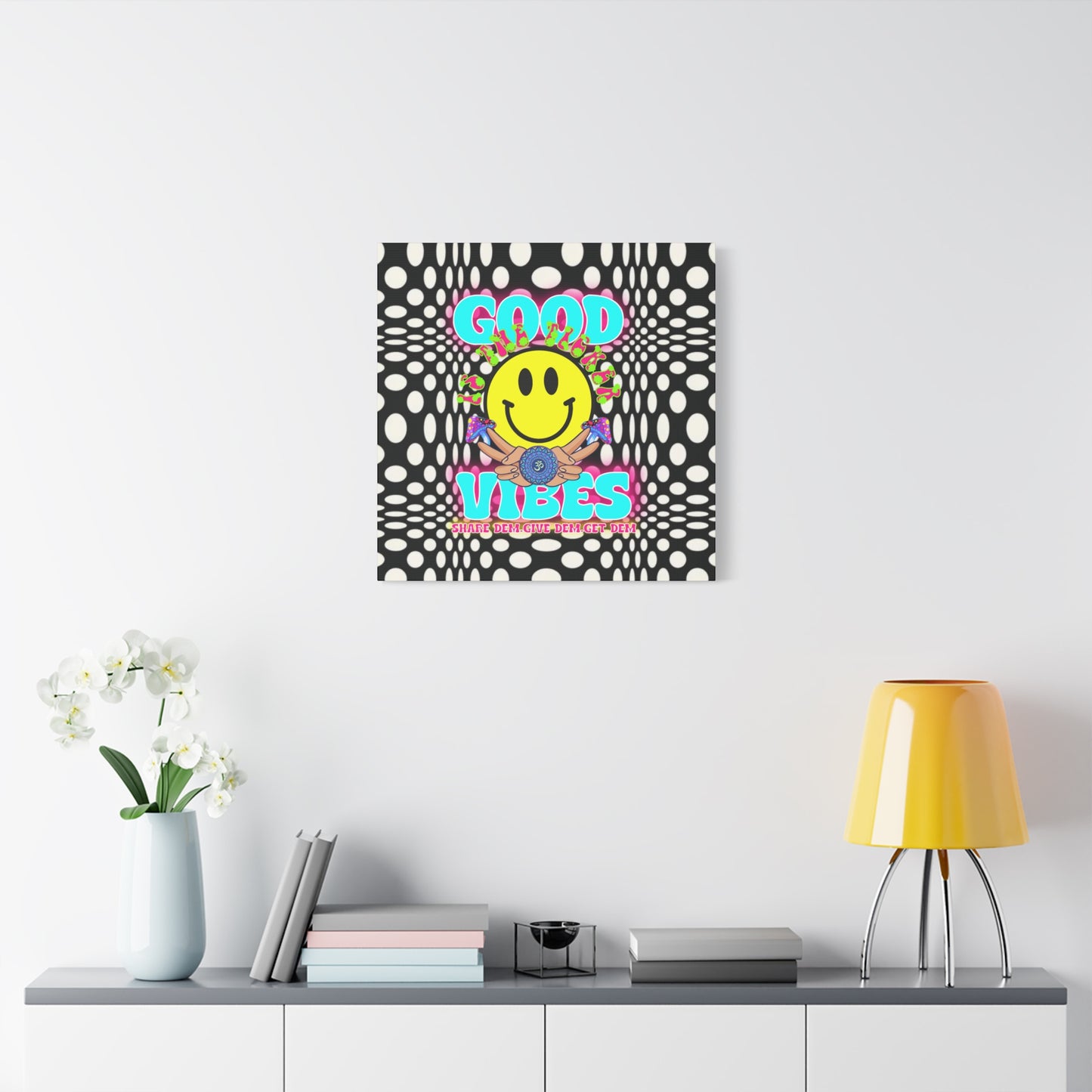 Psychedelic Wall Art with Good Vibes – Trippy Canvas Print Featuring "Good Vibes" & Smiley Faces | Optical Illusion Design | Available in Multiple Sizes