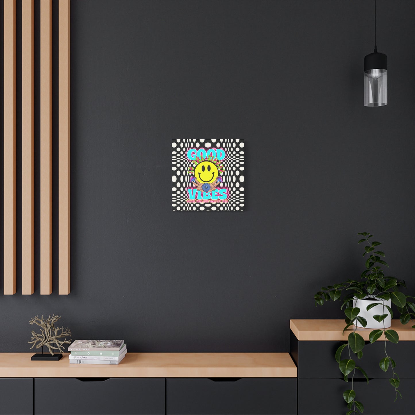 Psychedelic Wall Art with Good Vibes – Trippy Canvas Print Featuring "Good Vibes" & Smiley Faces | Optical Illusion Design | Available in Multiple Sizes