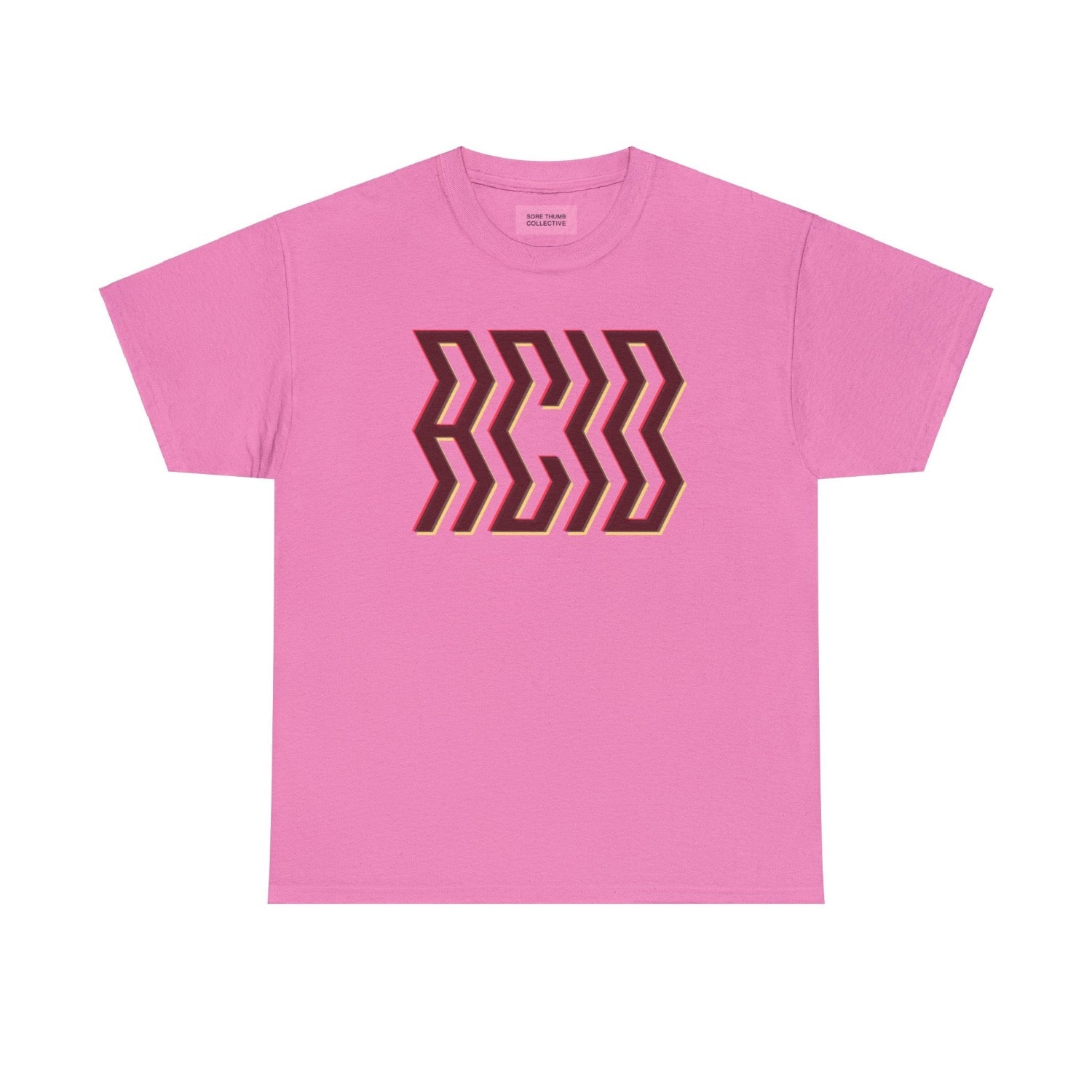 bright pink rave t shirt, with bold acid house top style print