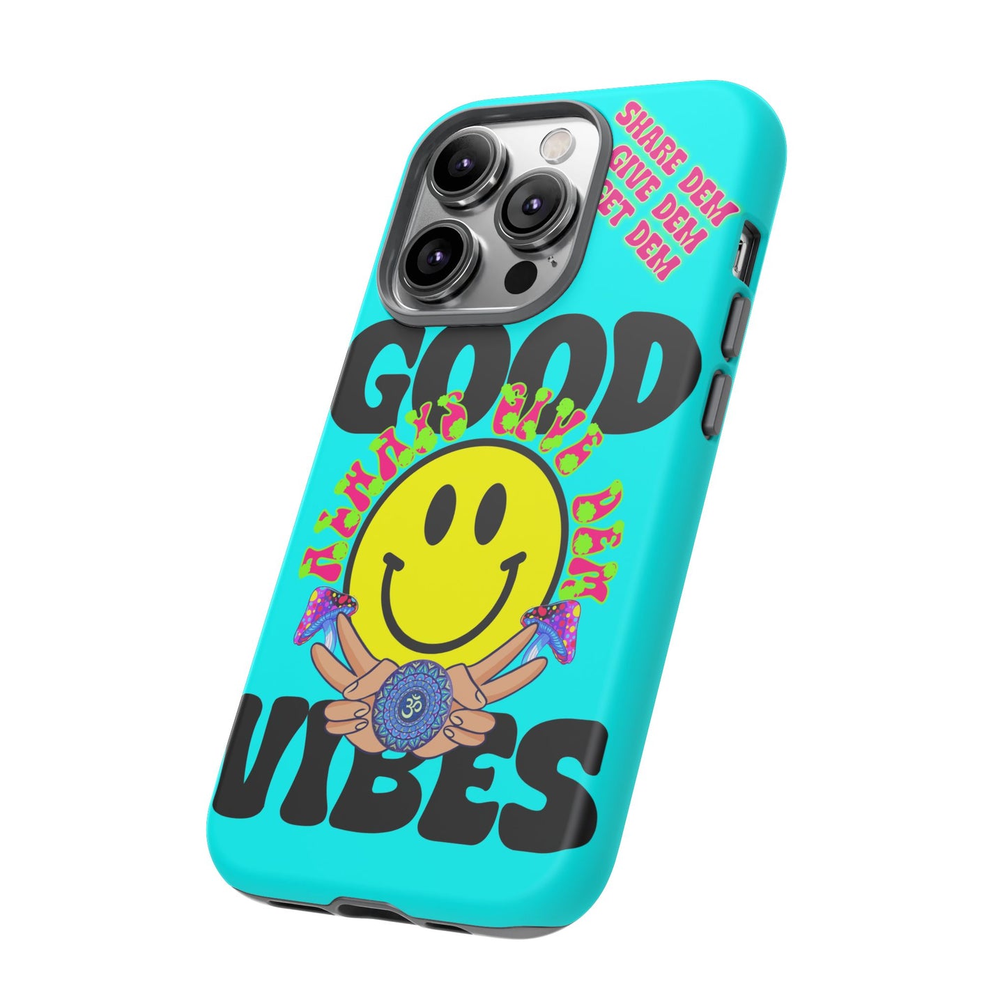 Good Vibes iPhone Case – Neon Tiffany Blue with Smiley Face Design – Spiritual Crypto Merch