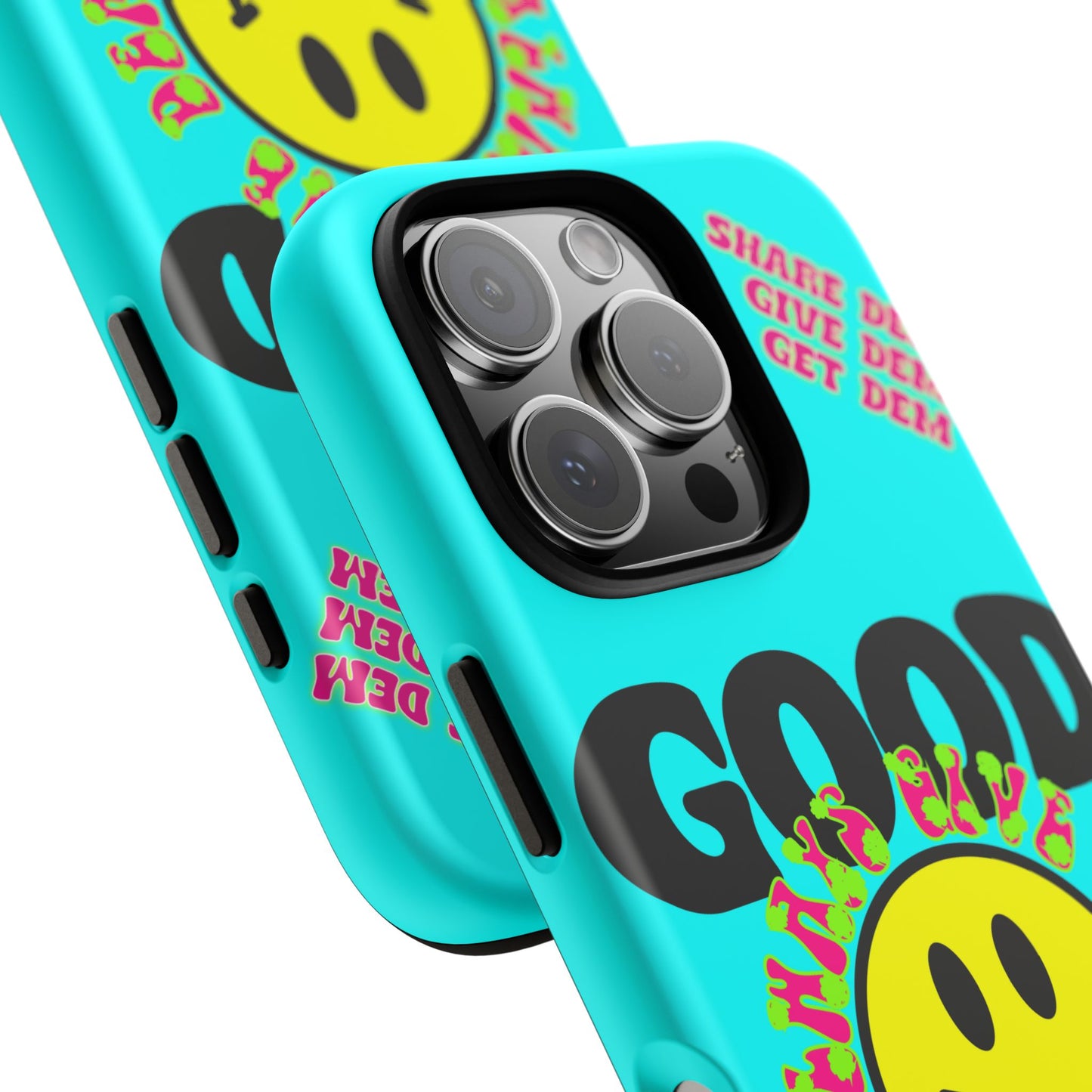 Good Vibes iPhone Case – Neon Tiffany Blue with Smiley Face Design – Spiritual Crypto Merch