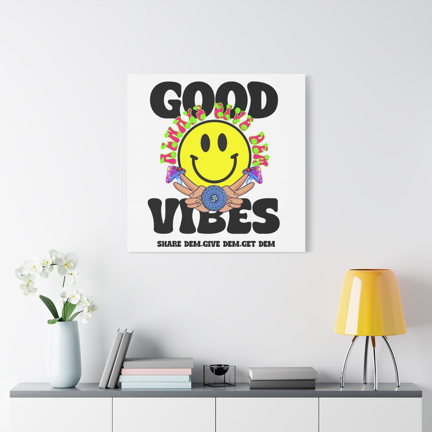 Funky Good Vibes Wall Art Print – Neon Turquoise & Tiffany Blue Canvas with Smiley Faces and Psychedelic Design