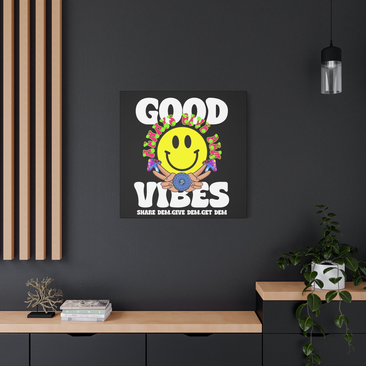 Good Vibes Canvas Print – Psychedelic Smiley Face Art on Black Canvas | Available in Multiple Sizes