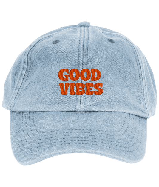 Vintage Denim Good Vibes Hat – Washed Pale Blue & Red Cap with Embroidered Good Vibes