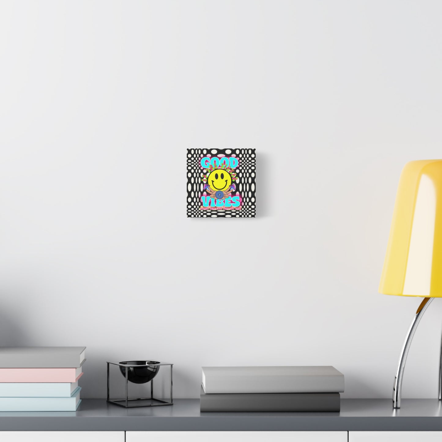 Psychedelic Wall Art with Good Vibes – Trippy Canvas Print Featuring "Good Vibes" & Smiley Faces | Optical Illusion Design | Available in Multiple Sizes