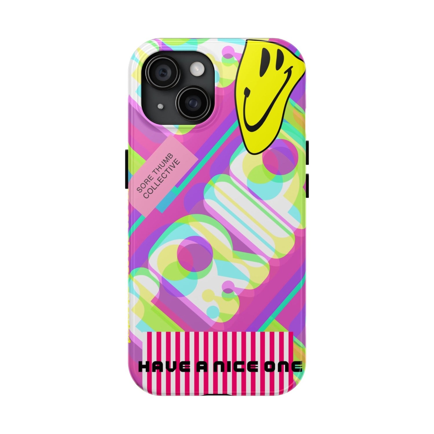 Trippy phone case with smiley face inspired by rave style