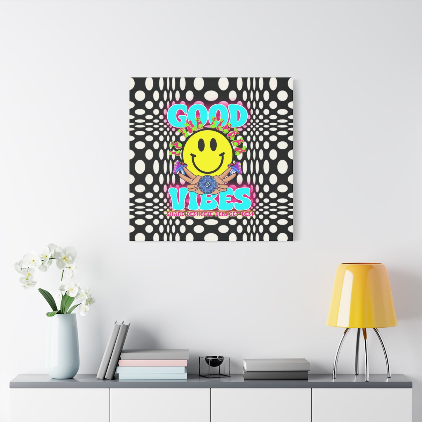 Psychedelic Wall Art with Good Vibes – Trippy Canvas Print Featuring "Good Vibes" & Smiley Faces | Optical Illusion Design | Available in Multiple Sizes