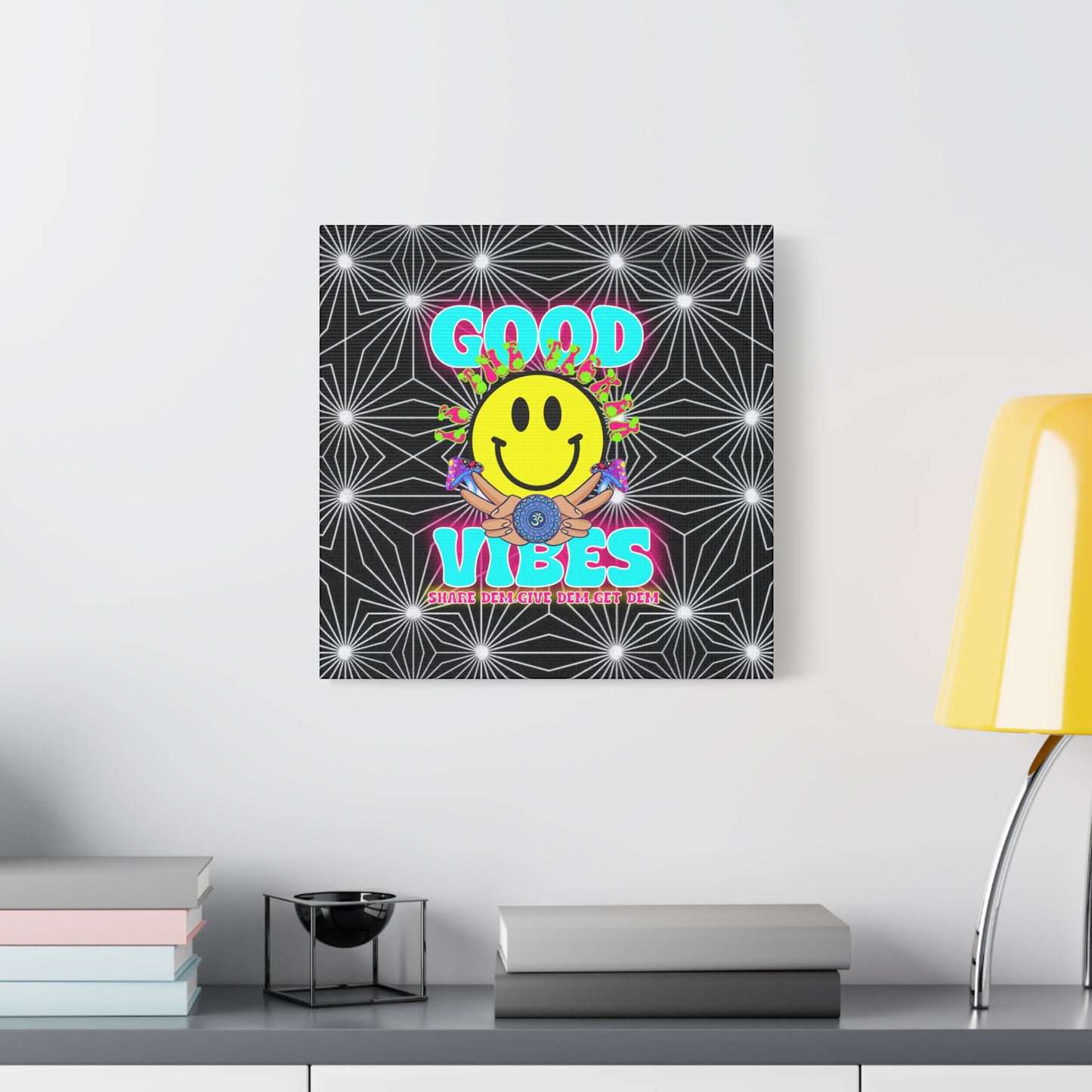 Positive Energy Canvas Print – Trippy Psychedelic Art with "Good Vibes" & Smiley Faces | Optical Illusion Wall Art | Available in Multiple Sizes