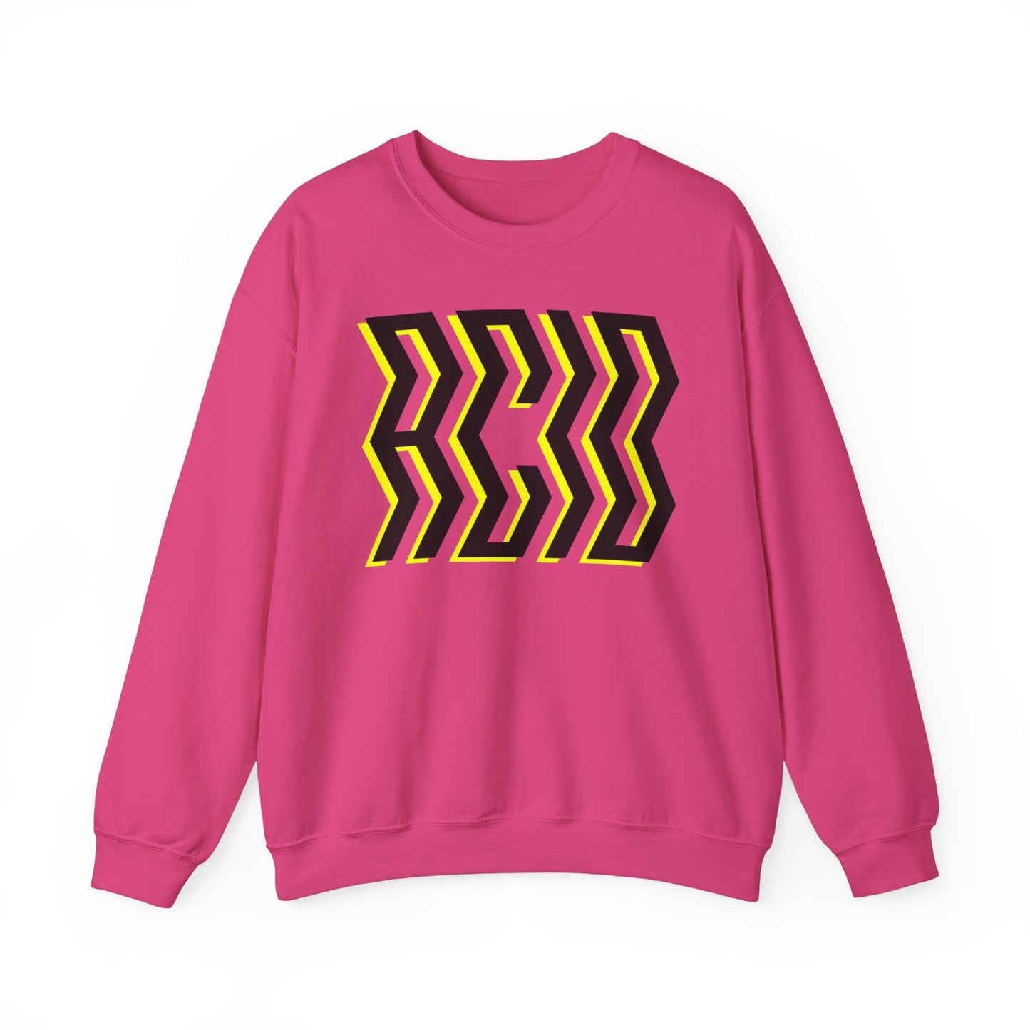 Acid sweater in bright pink with acid print on front in bold font, inspired by 90's club fashion