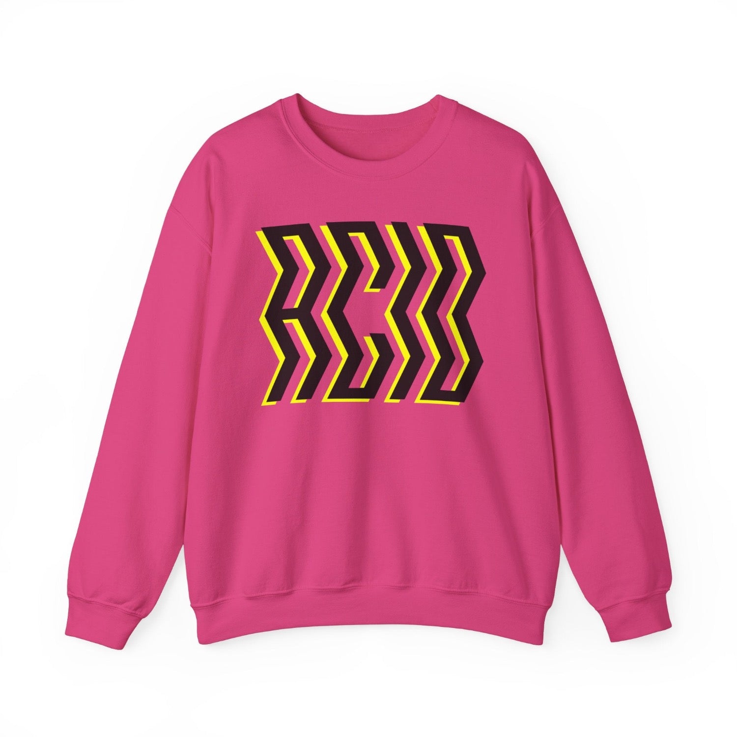 Acid sweater in bright pink with acid print on front in bold font, inspired by 90's club fashion