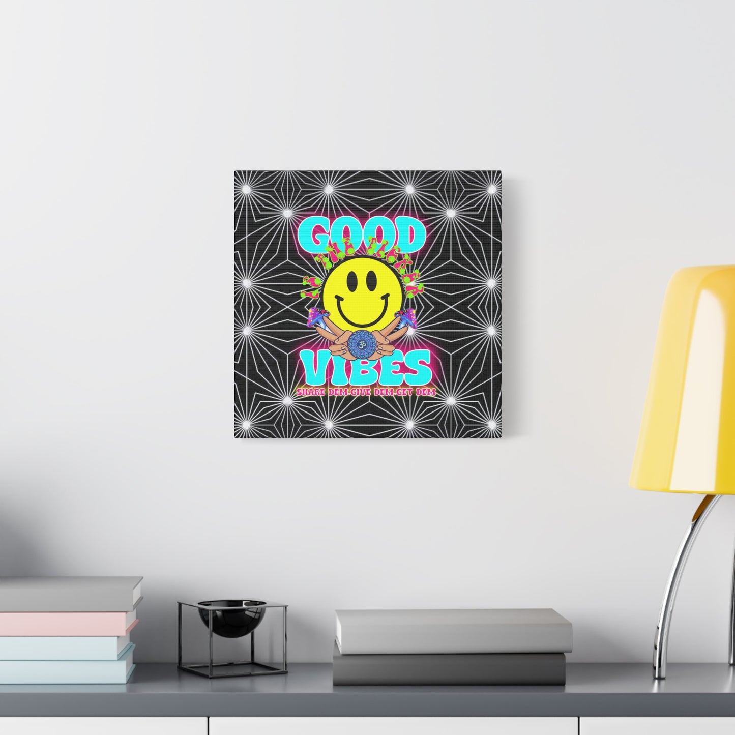 Positive Energy Canvas Print – Trippy Psychedelic Art with "Good Vibes" & Smiley Faces | Optical Illusion Wall Art | Available in Multiple Sizes