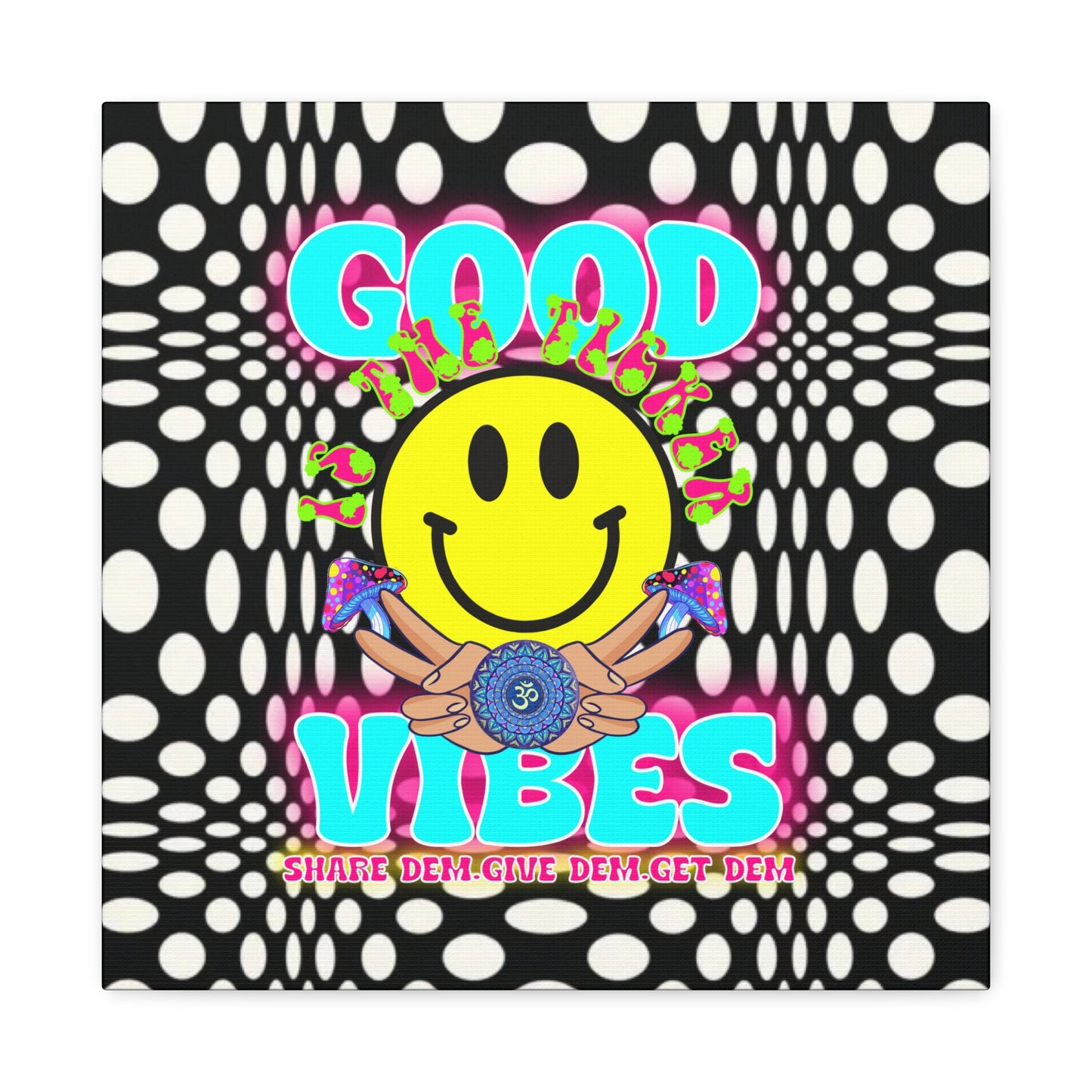 Psychedelic Wall Art with Good Vibes – Trippy Canvas Print Featuring "Good Vibes" & Smiley Faces | Optical Illusion Design | Available in Multiple Sizes