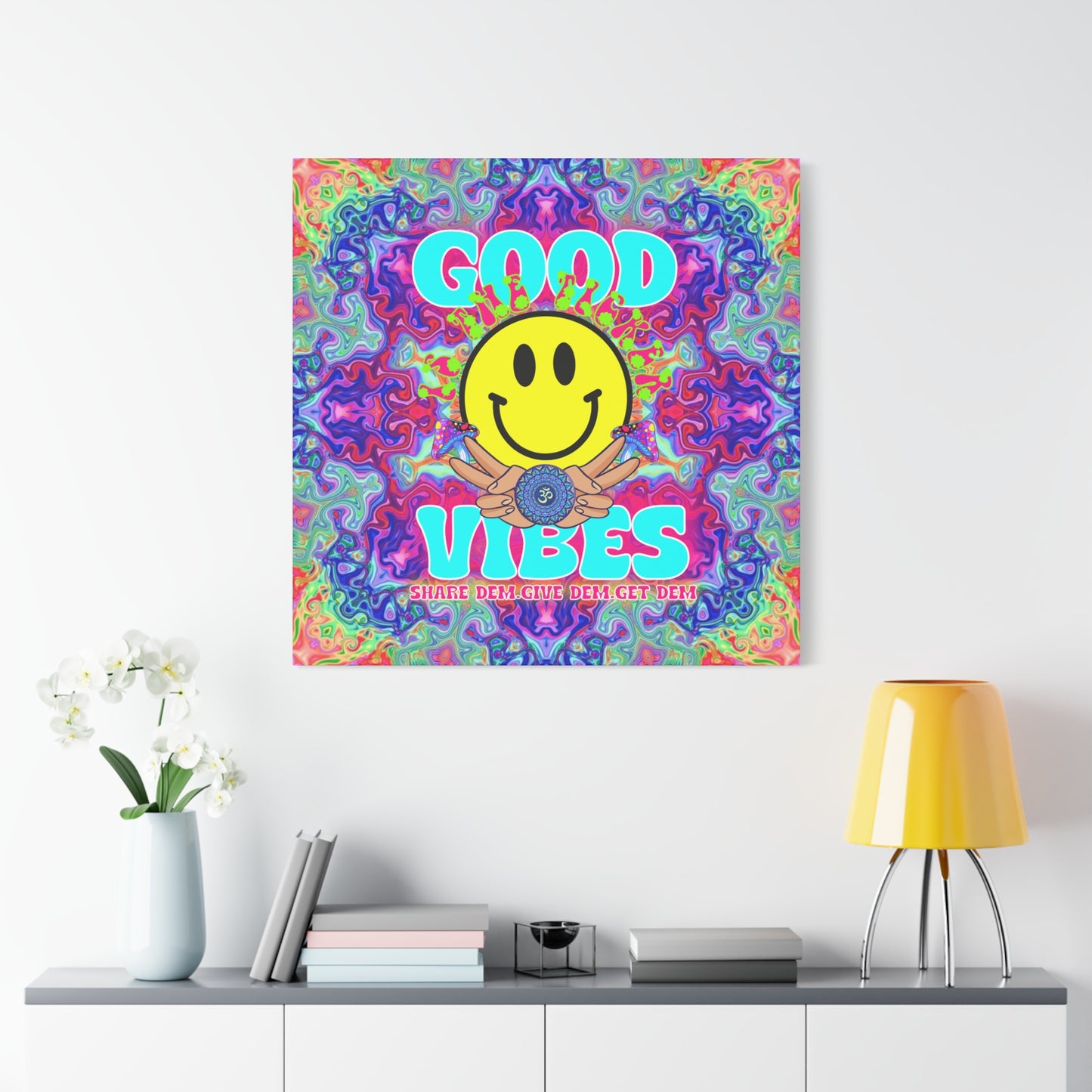 Mandala Good Vibes Wall Art – Psychedelic Canvas Print with "Good Vibes" Text & Smiley Faces | Available in Multiple Sizes | Spiritual & Positive Energy Art