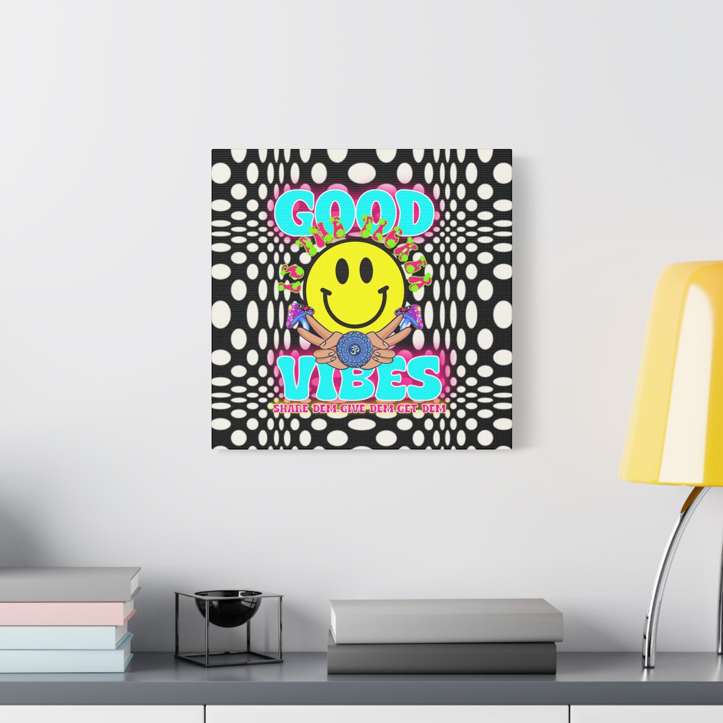 Psychedelic Wall Art with Good Vibes – Trippy Canvas Print Featuring "Good Vibes" & Smiley Faces | Optical Illusion Design | Available in Multiple Sizes