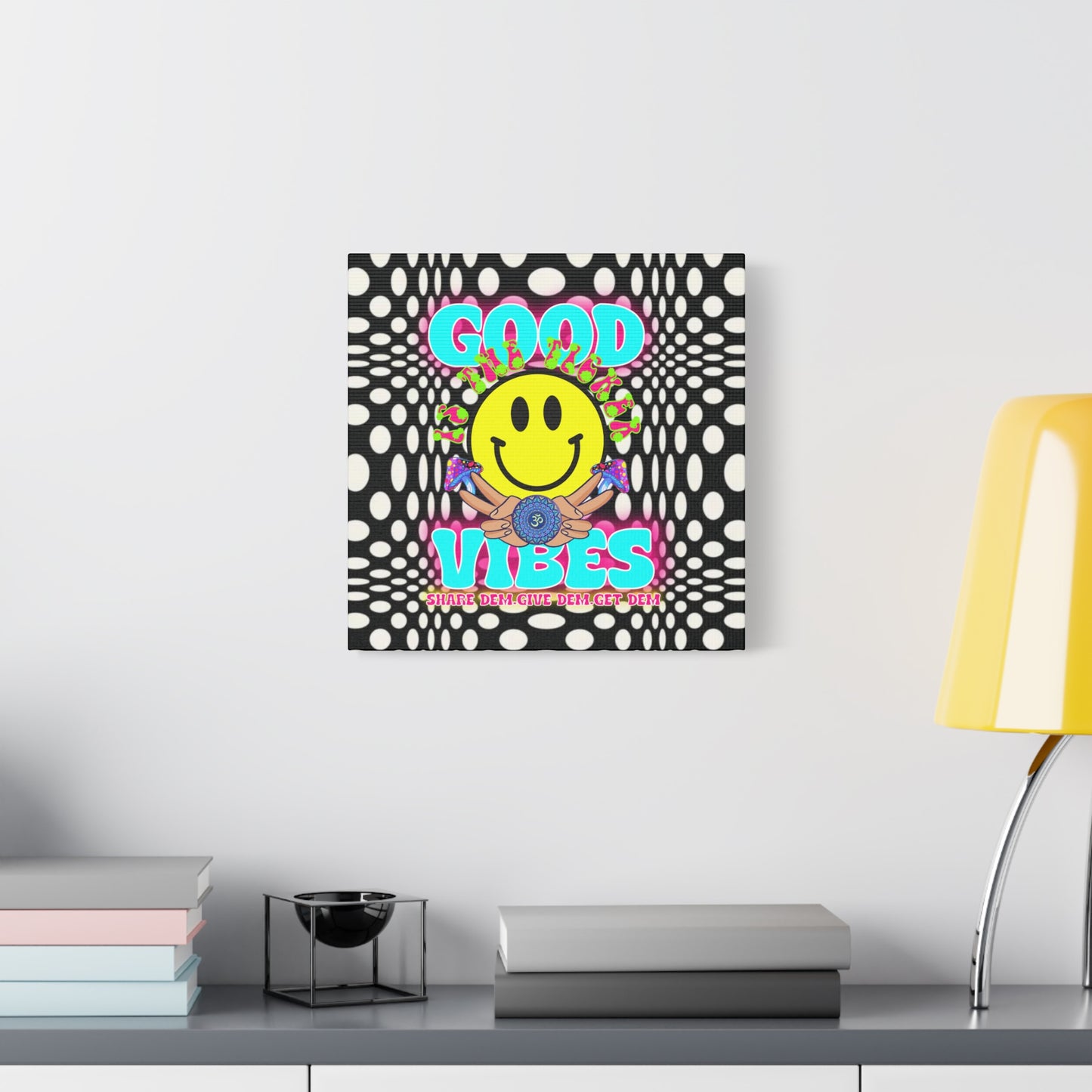 Psychedelic Wall Art with Good Vibes – Trippy Canvas Print Featuring "Good Vibes" & Smiley Faces | Optical Illusion Design | Available in Multiple Sizes