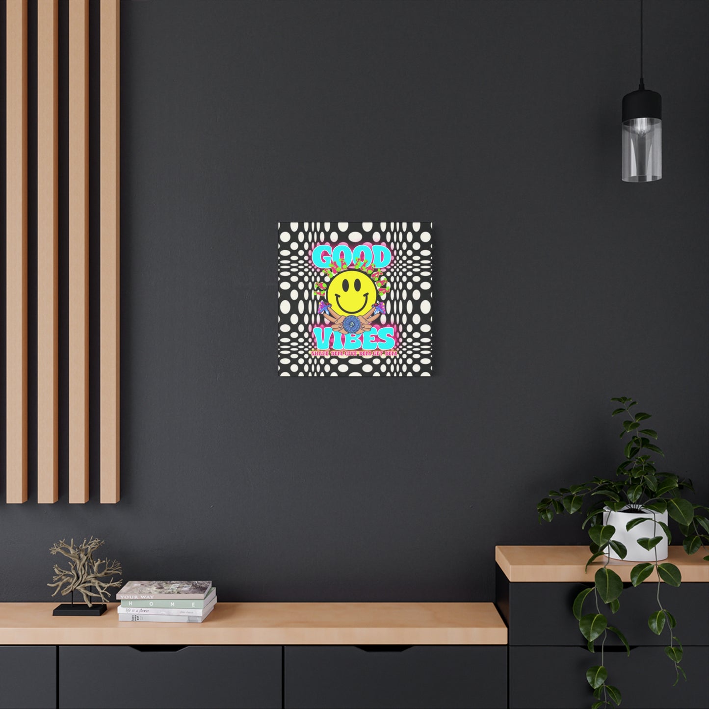 Psychedelic Wall Art with Good Vibes – Trippy Canvas Print Featuring "Good Vibes" & Smiley Faces | Optical Illusion Design | Available in Multiple Sizes