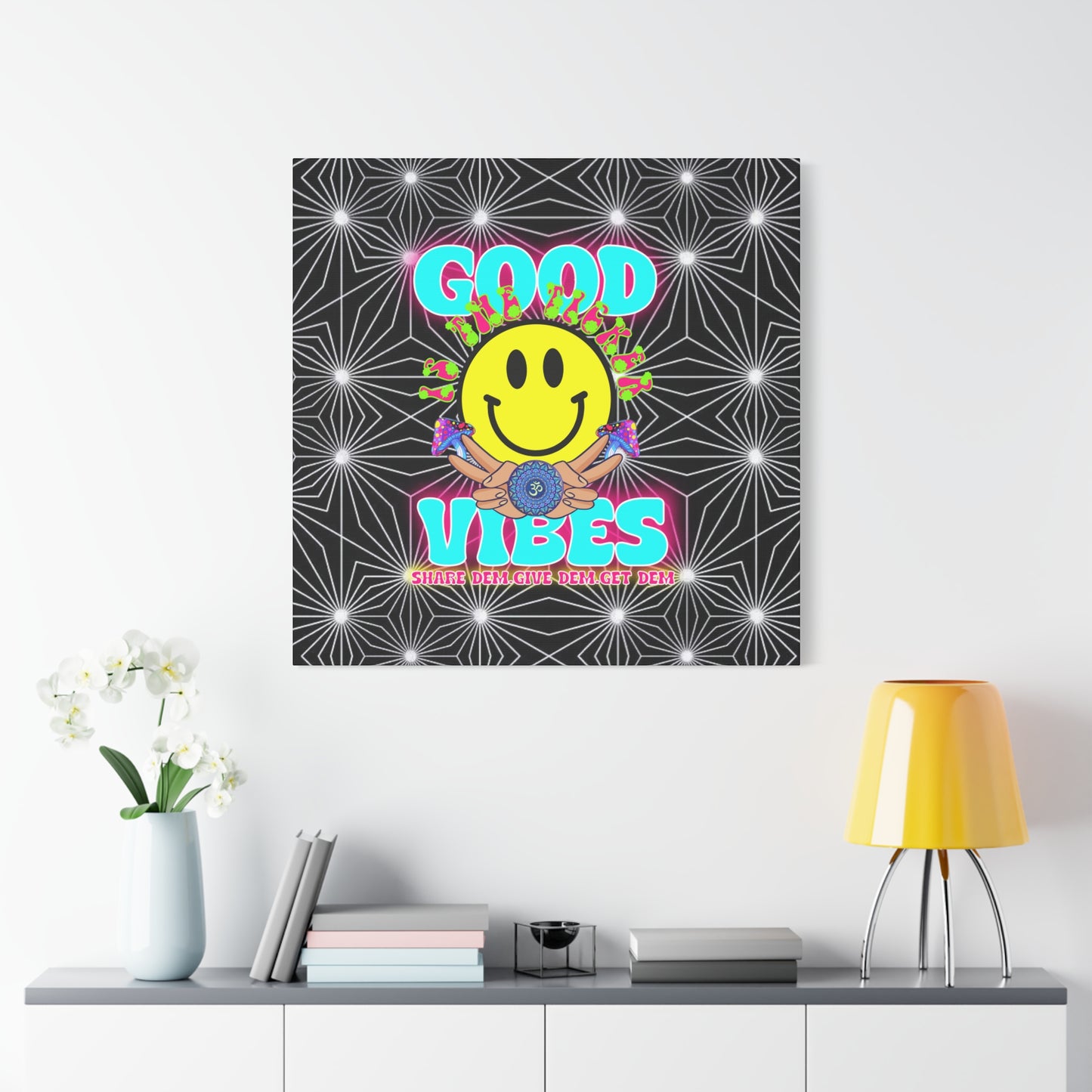 Positive Energy Canvas Print – Trippy Psychedelic Art with "Good Vibes" & Smiley Faces | Optical Illusion Wall Art | Available in Multiple Sizes