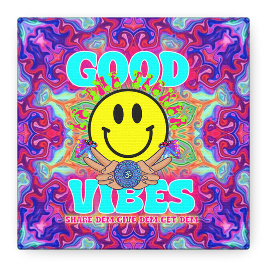 Mandala Good Vibes Wall Art – Psychedelic Canvas Print with "Good Vibes" Text & Smiley Faces | Available in Multiple Sizes | Spiritual & Positive Energy Art