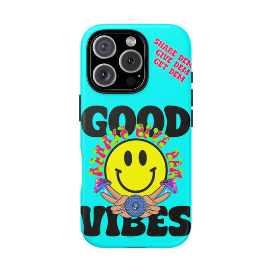 Good Vibes iPhone Case – Neon Tiffany Blue with Smiley Face Design – Spiritual Crypto Merch