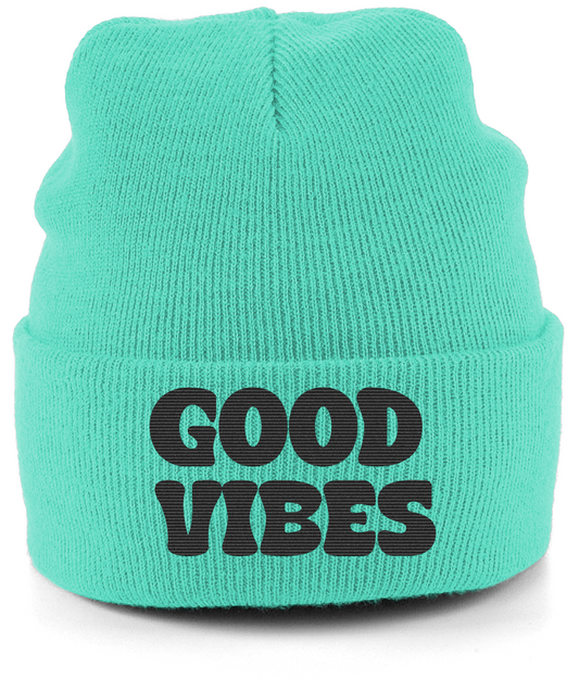 Unisex Good Vibes Knit Hat – Vintage Knitted Beanie with Embroidered "Good Vibes" Text | Tiffany Blue & Black | Crypto Merch for Positive Energy