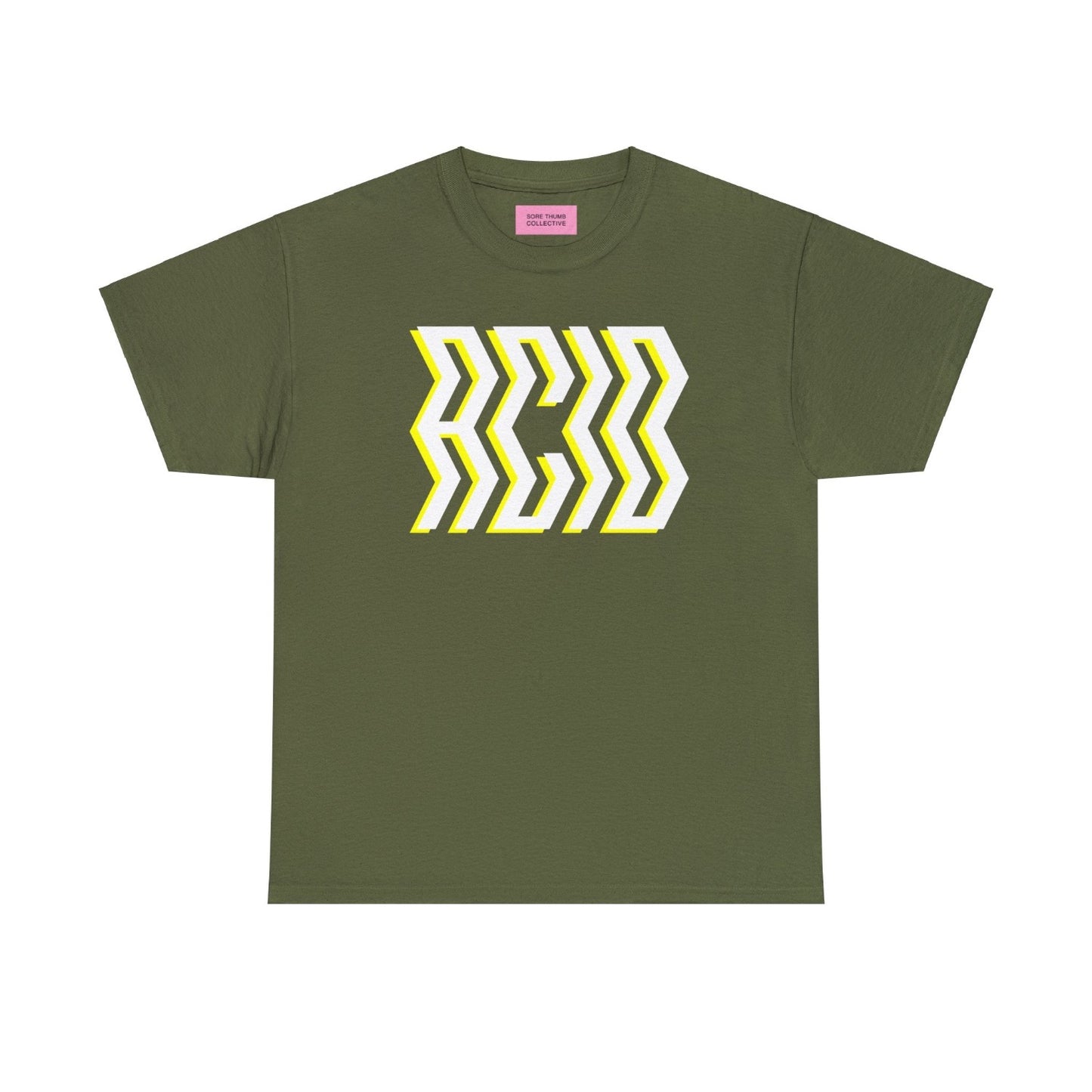 Acid house t shirt in military green. bold white and yellow ACID print on front