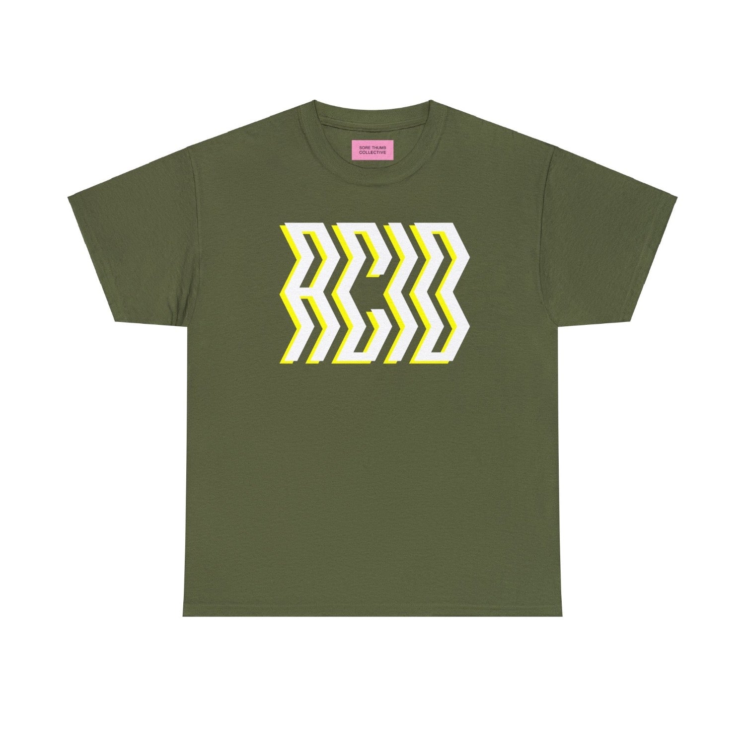 Acid house t shirt in military green. bold white and yellow ACID print on front