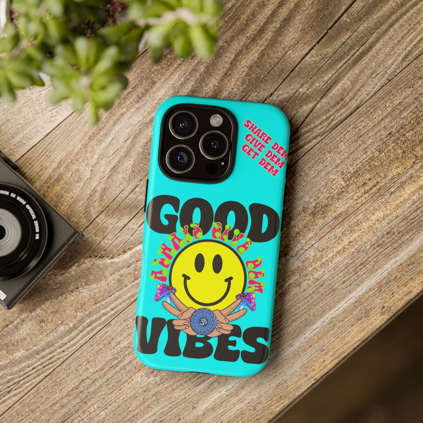 Good Vibes iPhone Case – Neon Tiffany Blue with Smiley Face Design – Spiritual Crypto Merch