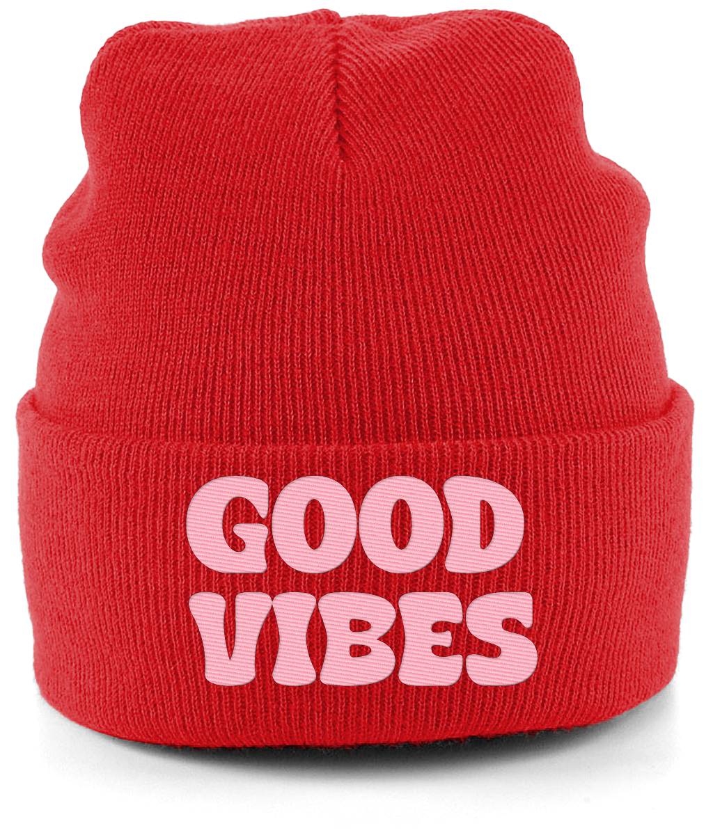 Boho Inspired Good Vibes Beanie – Vintage Knitted Hat with Embroidered "Good Vibes" Text | Tiffany Blue & Black | Crypto Merch for Positive Energy