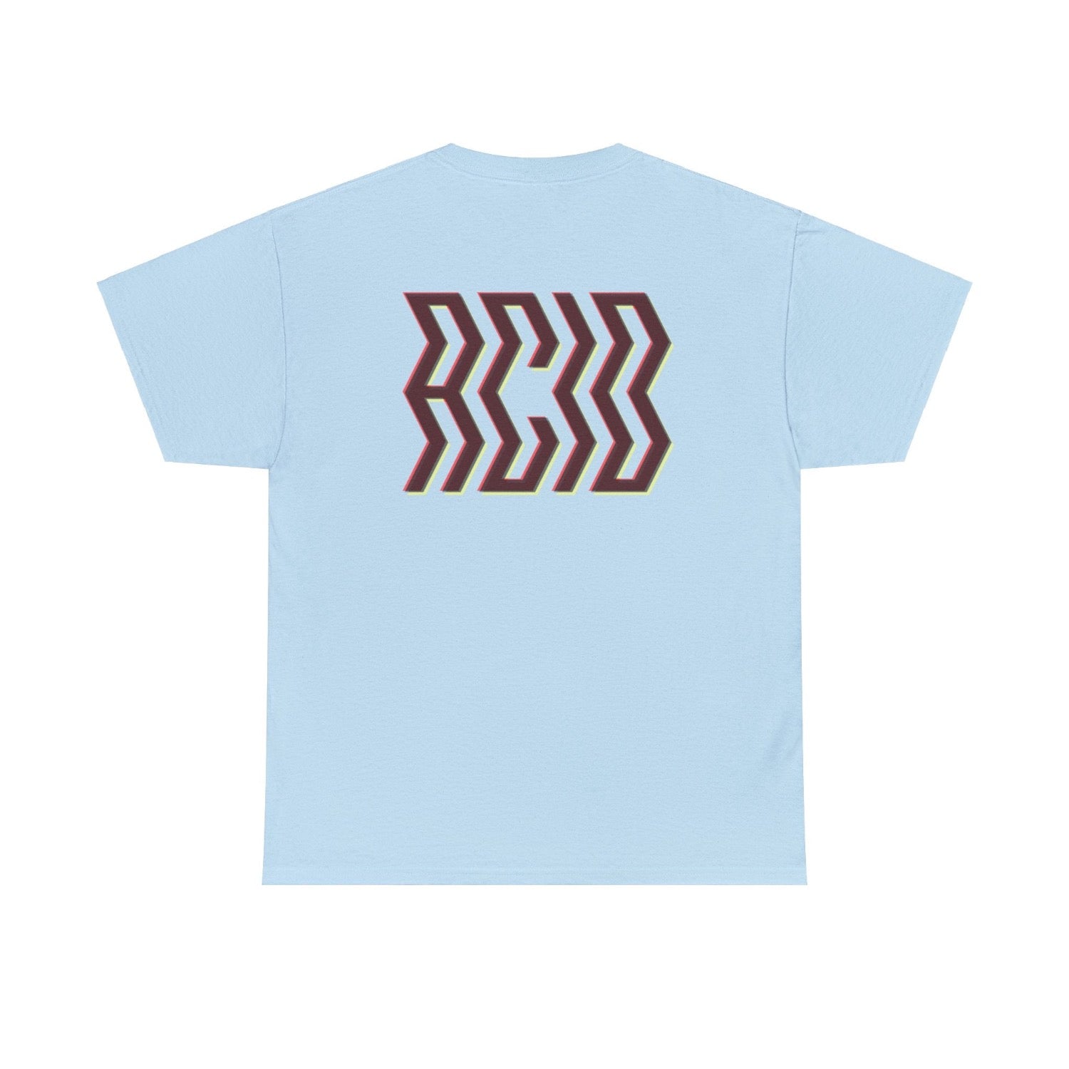 Acid house t shirt, blue with large back print ion glitch style font