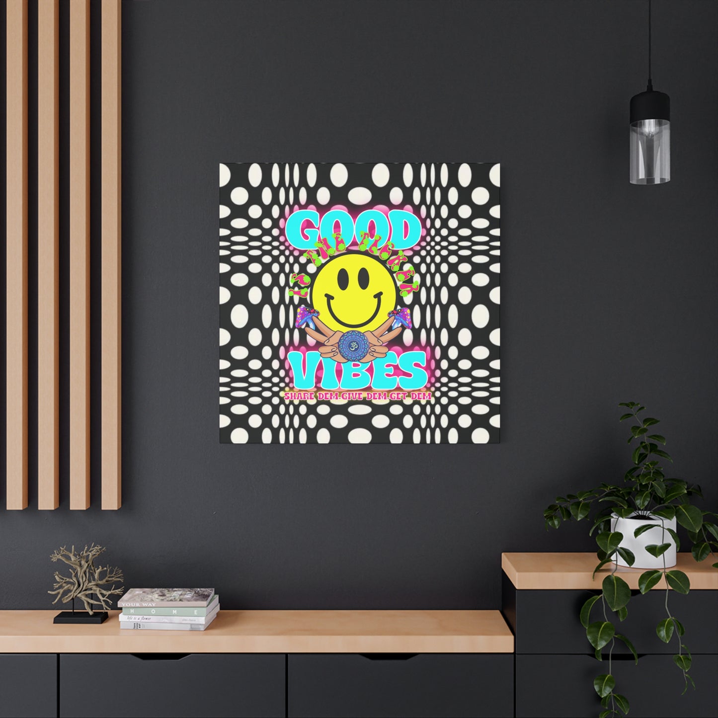 Psychedelic Wall Art with Good Vibes – Trippy Canvas Print Featuring "Good Vibes" & Smiley Faces | Optical Illusion Design | Available in Multiple Sizes