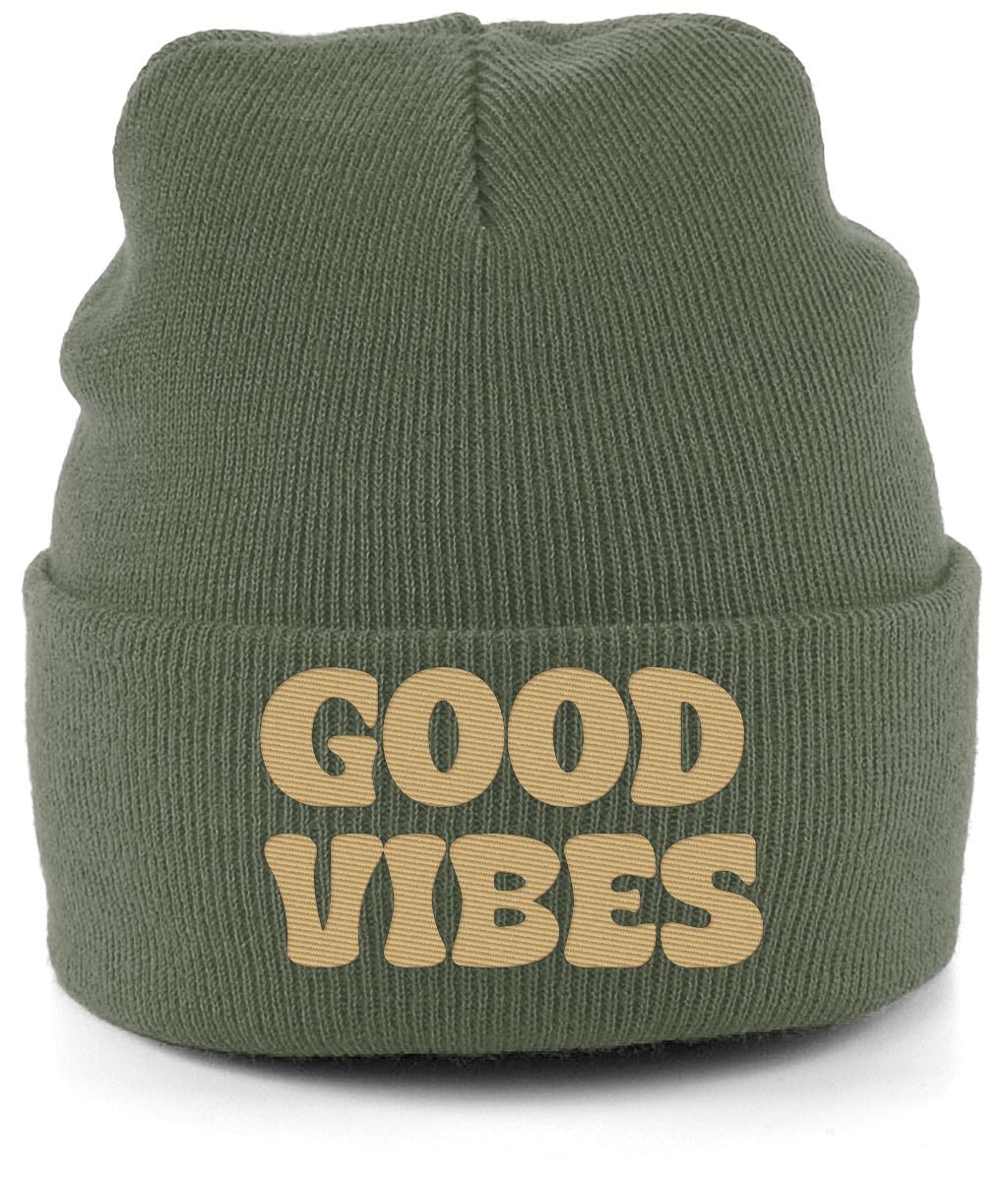 Positive Energy Beanie Hat – Military Green & Natural Stone Knitted Beanie with Embroidered "Good Vibes" Text | Crypto Merch for Positive Energy & Spirituality