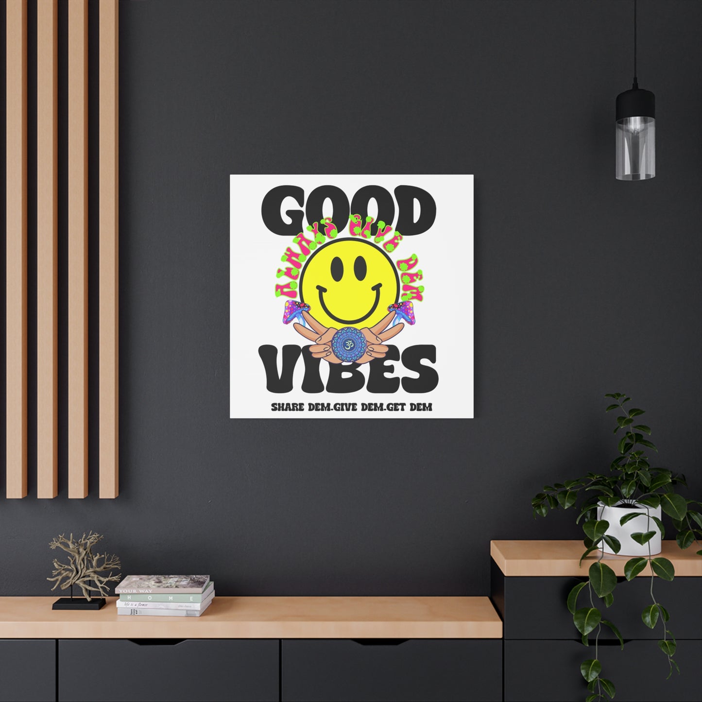 Funky Good Vibes Wall Art Print – Neon Turquoise & Tiffany Blue Canvas with Smiley Faces and Psychedelic Design