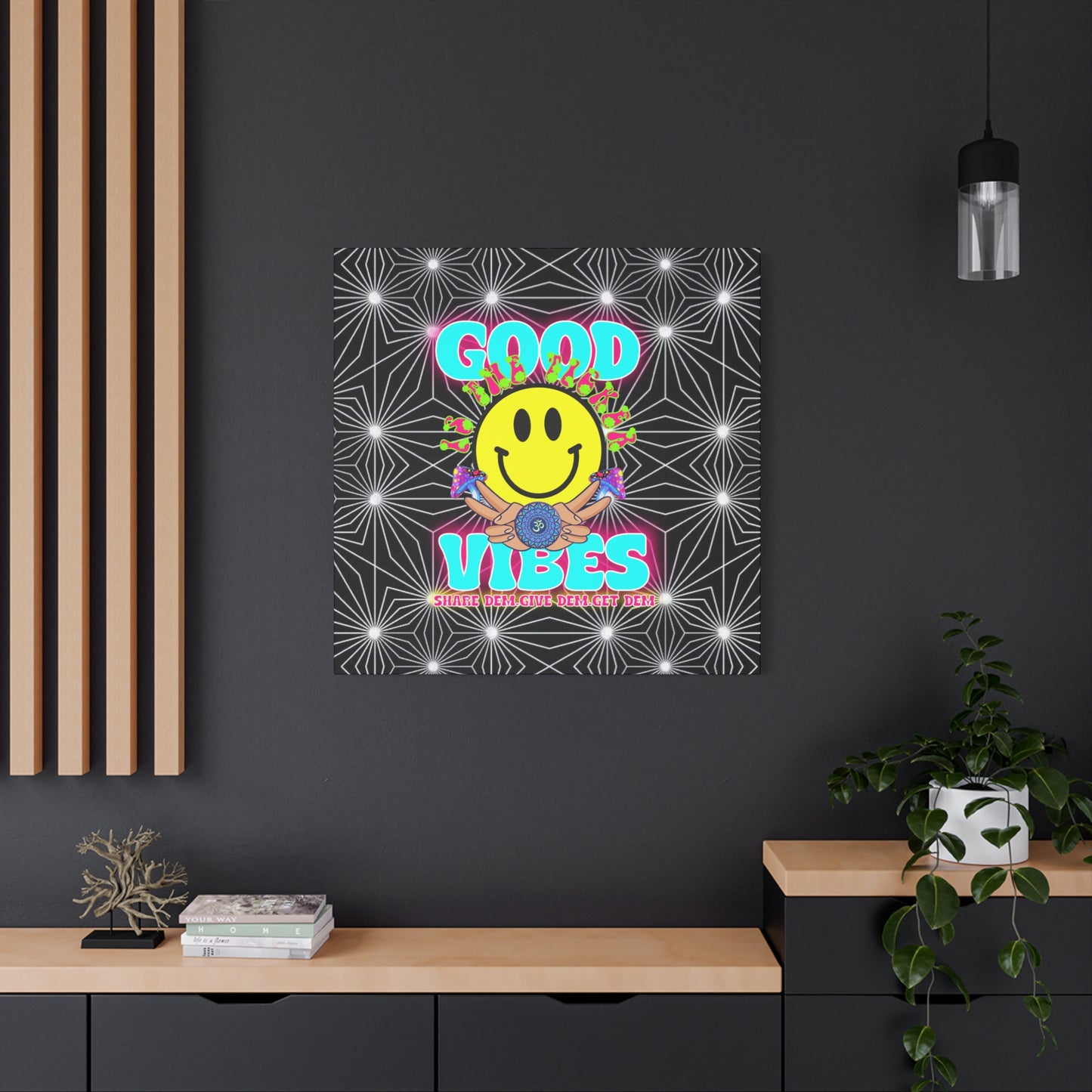 Positive Energy Canvas Print – Trippy Psychedelic Art with "Good Vibes" & Smiley Faces | Optical Illusion Wall Art | Available in Multiple Sizes