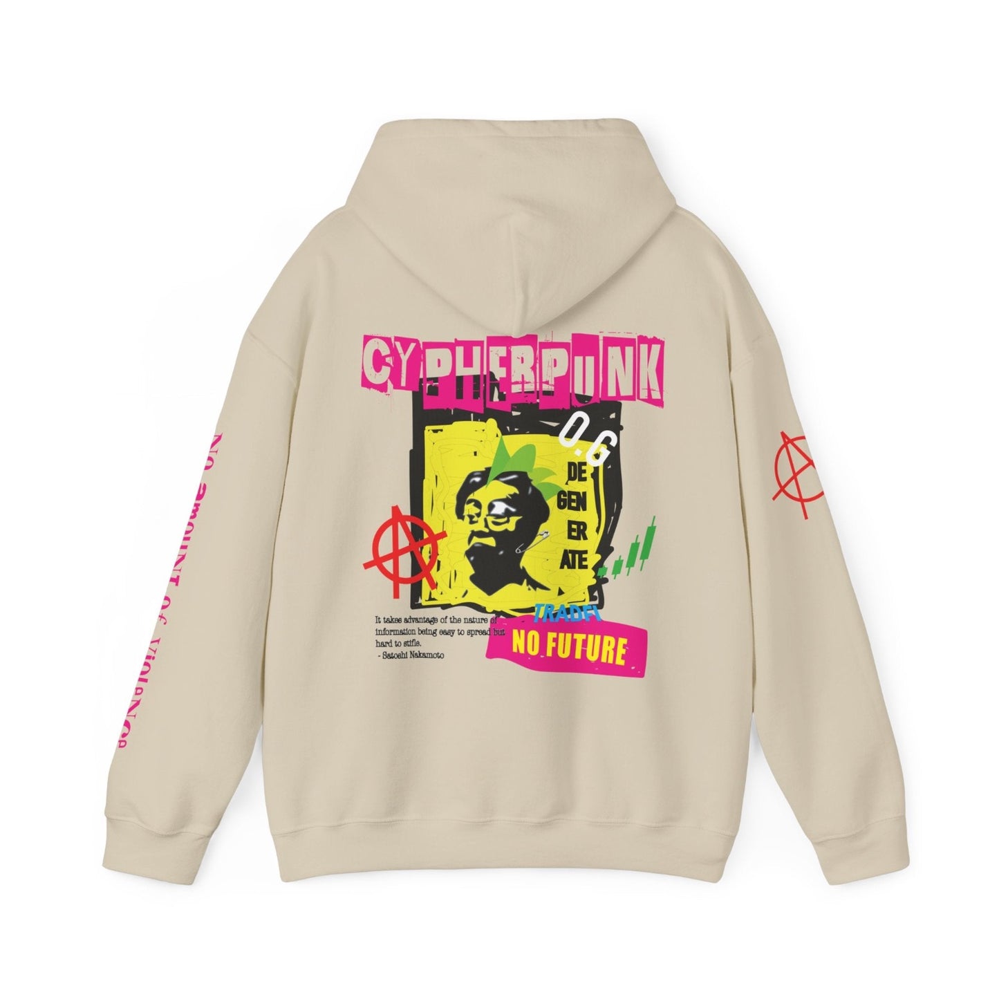 Satoshi Nakamoto hoodie, in natural, with bright, bold neon punk style back print, showing satoshi Nakamoto, with no future wording and rebellious phrases