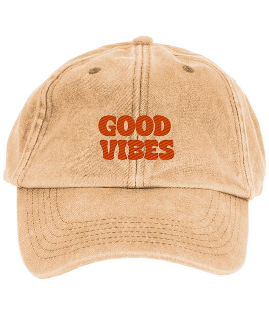 Positive Energy Vintage Cap – Washed Denim Coral & Red Hat with Embroidered Good Vibes